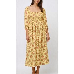 Faithfull the Brand Brisa Midi Dress Ondine Floral Yellow Smocked Size 6 M